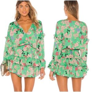 MISA Amalya Dress Sz small Peony Green Floral Ruffle Mini Smocked Long Sleeve